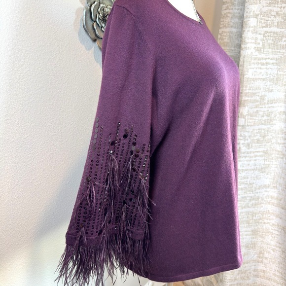 Chico's Sweaters - CHICO'S Feather Sequin Pullover Sweater XL Cashmere Blend Plum Statement Top